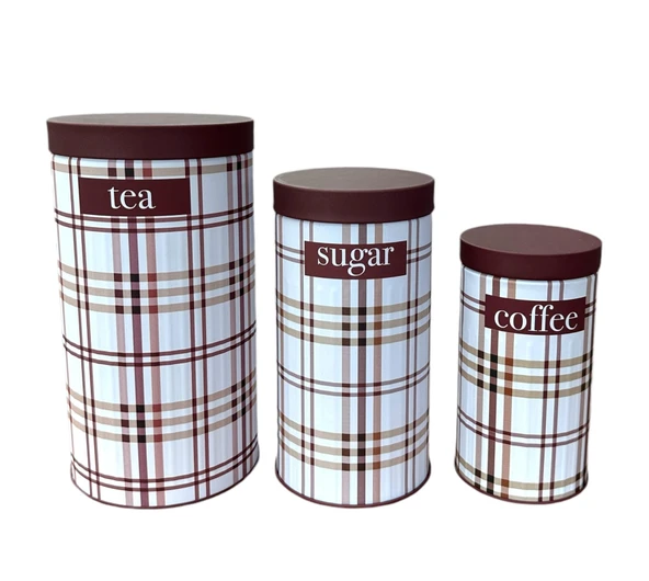 Ekose ve Yaprak Desenli Metal Ekmeklik Ve 3'lü Kavanoz Set - 5
