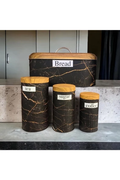Bambu Kapak Görünümlü Dama Desenli Metal Ekmeklik Ve 3'lü Kavanoz Seti Siyahbeyaz - 2