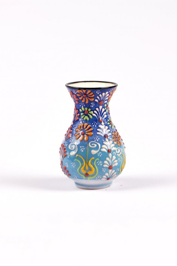 Çini Vazo El Yapımı Dekoratif Küçük Turkuaz Çini Vazo 14x6 cm