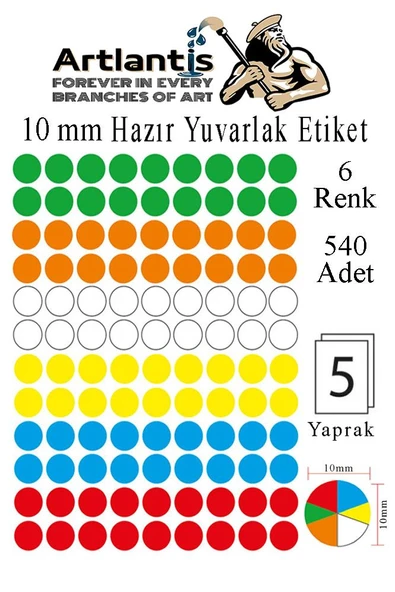 10 mm Renkli Hazır Yuvarlak Etiket 540 lı 1 Paket Mix Color Ofis Etiketleri Kendinden Yapışkanlı Nokta Etiket
