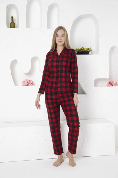Kadın Bordo Siyah Ekose Gömlek Yaka Önden Düğmeli Süet Kışlık Uzun Kol Cepli Pijama Takımı - 4