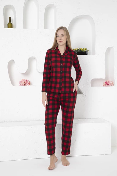 Kadın Bordo Siyah Ekose Gömlek Yaka Önden Düğmeli Süet Kışlık Uzun Kol Cepli Pijama Takımı - 3
