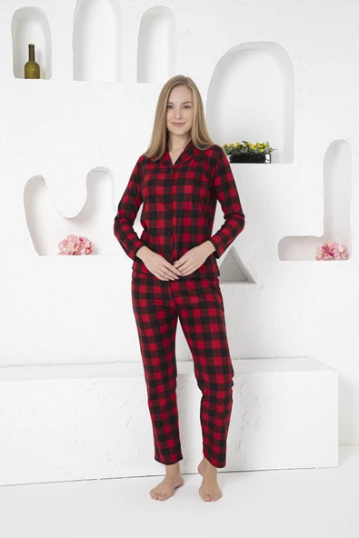 Kadın Bordo Siyah Ekose Gömlek Yaka Önden Düğmeli Süet Kışlık Uzun Kol Cepli Pijama Takımı - 5