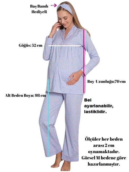Kalpli Hamile Önden Düğmeli Uzun Kol Mevsimlik Bel Ayarlı %100 Pamuk Pijama Takımı-Geniş Kalıp - 4