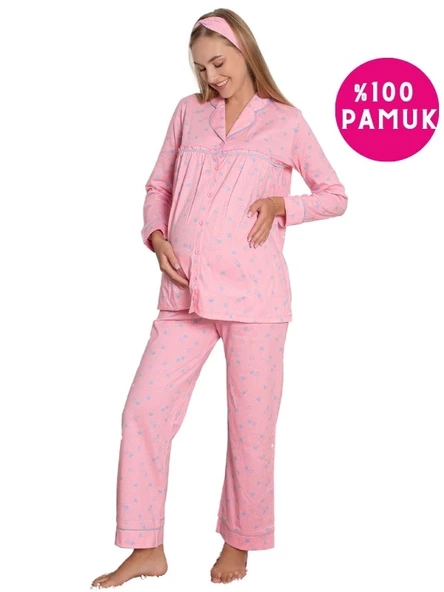Kalpli Hamile Önden Düğmeli Uzun Kol Mevsimlik Bel Ayarlı %100 Pamuk Pijama Takımı-Geniş Kalıp - 2
