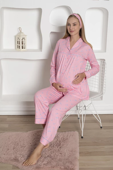 Kalpli Hamile Önden Düğmeli Uzun Kol Mevsimlik Bel Ayarlı %100 Pamuk Pijama Takımı-Geniş Kalıp - 10