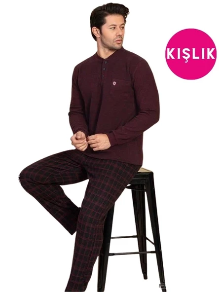 Erkek 3 Düğme Uzun Kol Göğüs Cepli Selanik Kumaş Kışlık Cepli Pijama Takımı - 2