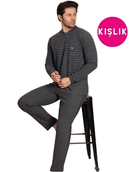 Erkek 3 Düğme Uzun Kol Göğüs Cepli Selanik Kumaş Kışlık Cepli Pijama Takımı - 4