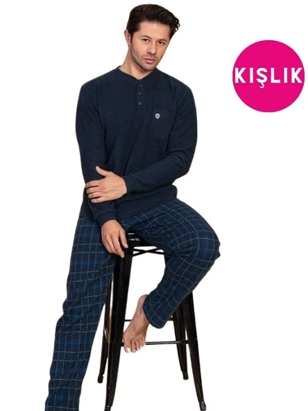 Erkek 3 Düğme Uzun Kol Göğüs Cepli Selanik Kumaş Kışlık Cepli Pijama Takımı