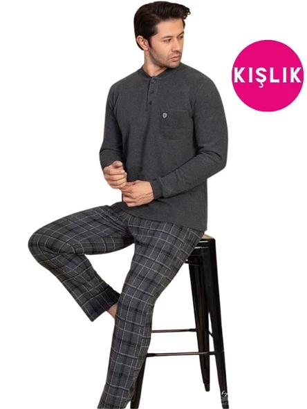 Erkek 3 Düğme Uzun Kol Göğüs Cepli Selanik Kumaş Kışlık Cepli Pijama Takımı - 3