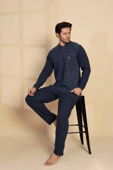 Erkek 3 Düğme Uzun Kol Göğüs Cepli Selanik Kumaş Kışlık Cepli Pijama Takımı - 11