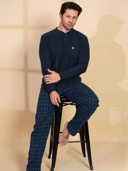 Erkek 3 Düğme Uzun Kol Göğüs Cepli Selanik Kumaş Kışlık Cepli Pijama Takımı - 6