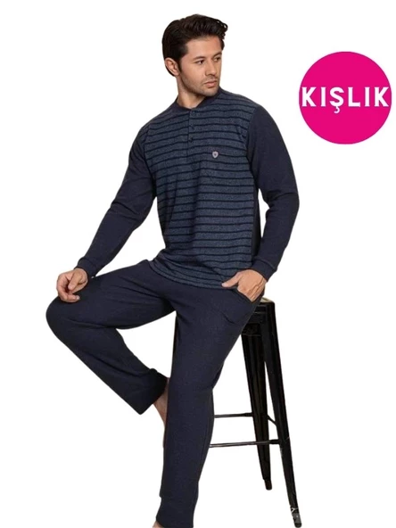 Erkek 3 Düğme Uzun Kol Göğüs Cepli Selanik Kumaş Kışlık Cepli Pijama Takımı - 5