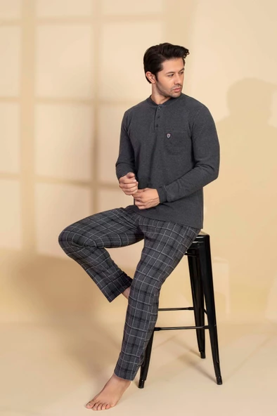 Erkek 3 Düğme Uzun Kol Göğüs Cepli Selanik Kumaş Kışlık Cepli Pijama Takımı - 9