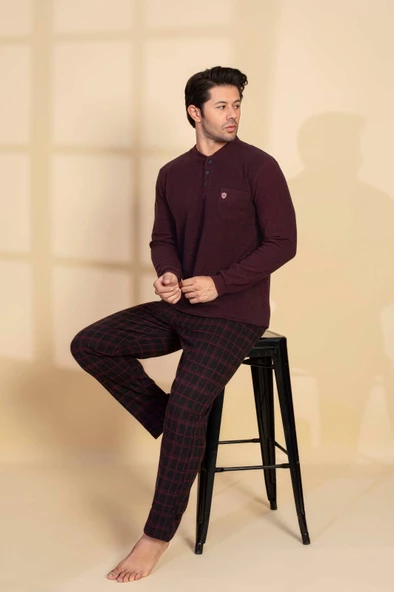 Erkek 3 Düğme Uzun Kol Göğüs Cepli Selanik Kumaş Kışlık Cepli Pijama Takımı - 10