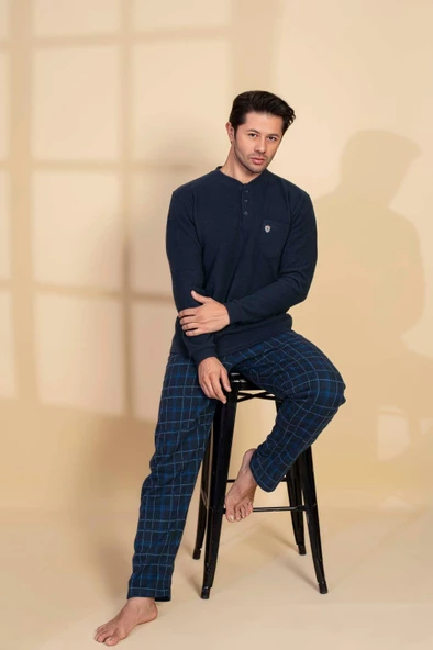 Erkek 3 Düğme Uzun Kol Göğüs Cepli Selanik Kumaş Kışlık Cepli Pijama Takımı - 7