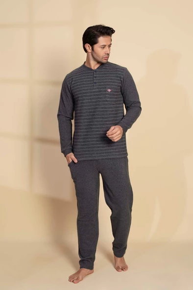 Erkek 3 Düğme Uzun Kol Göğüs Cepli Selanik Kumaş Kışlık Cepli Pijama Takımı - 12