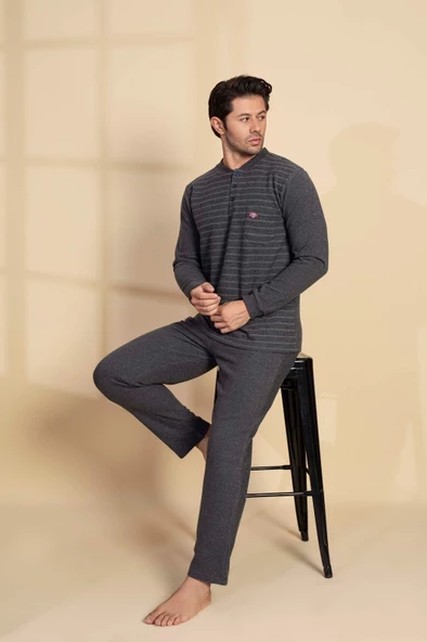 Erkek 3 Düğme Uzun Kol Göğüs Cepli Selanik Kumaş Kışlık Cepli Pijama Takımı - 8