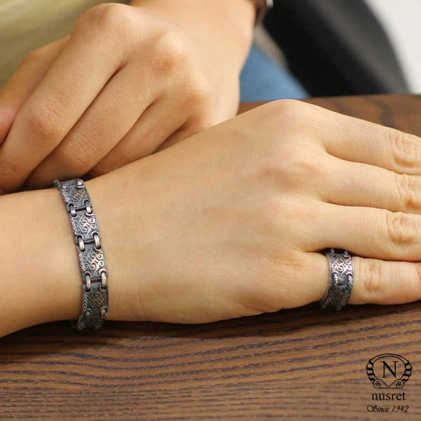 925 Ayar Gümüş Desenli Bileklik, Siyah - Resim 7