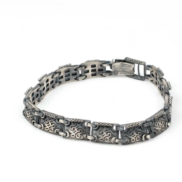 925 Ayar Gümüş Desenli Bileklik, Siyah - Resim 6