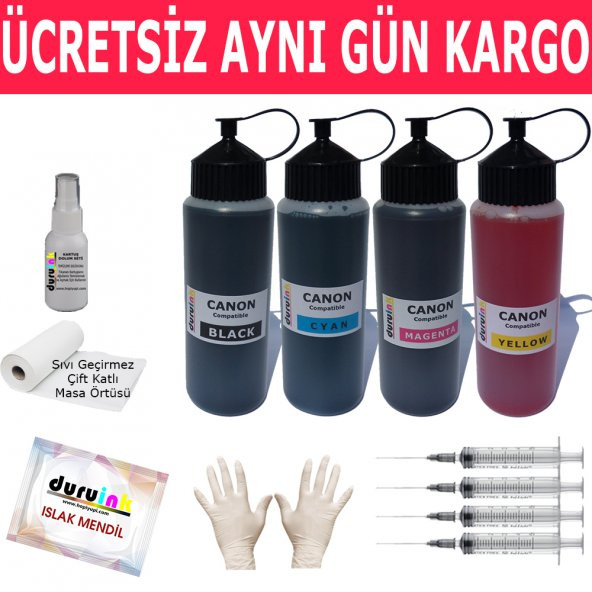 CANON BİTMEYEN KARTUŞLU TANKLI YAZICI 4X500ML MUADİL MÜREKKEP SETİ DURUINK 4 RENK  KARTUŞ DOLUM MÜREKKEBİ