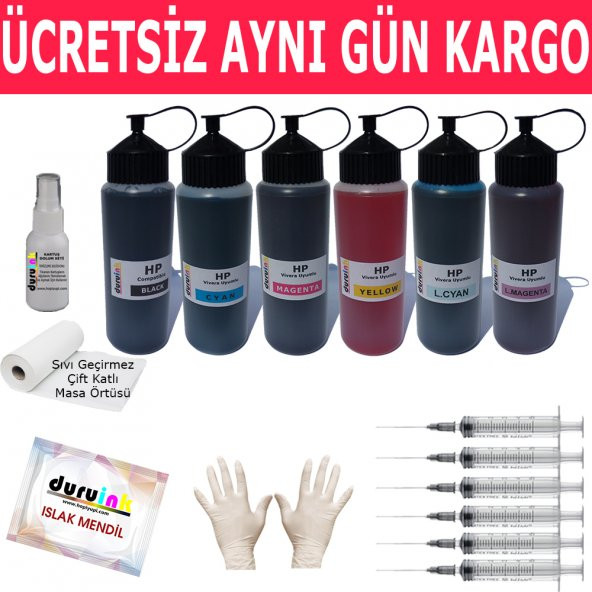 HP D7163 D7260 D7263 6X500ML MUADİL MÜREKKEP SETİ DURUINK 6 RENK DOLUM PHOTOSMART KARTUŞ DOLUM MÜREKKEBİ