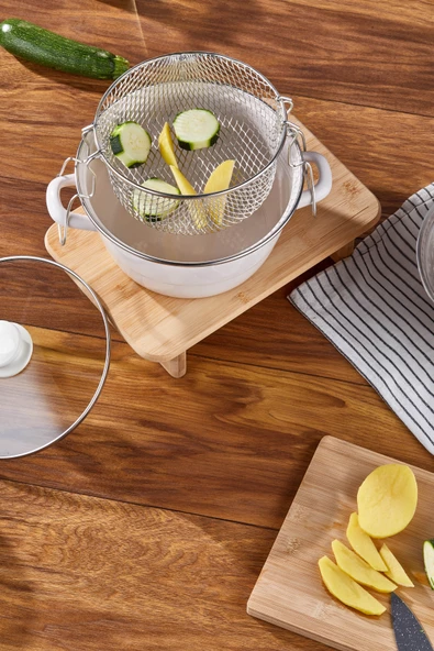 Bonera Emaye Cam Kapaklı Beyaz Kızartma Tenceresi 22cm - 3