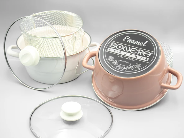 Bonera Emaye Cam Kapaklı Beyaz Kızartma Tenceresi 22cm - 5