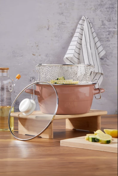 Bonera 22cm Emaye Cam Kapaklı Kızartma Tenceresi