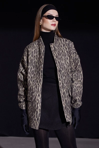 Leopar Desen Cepli Ceket Siyah - 4