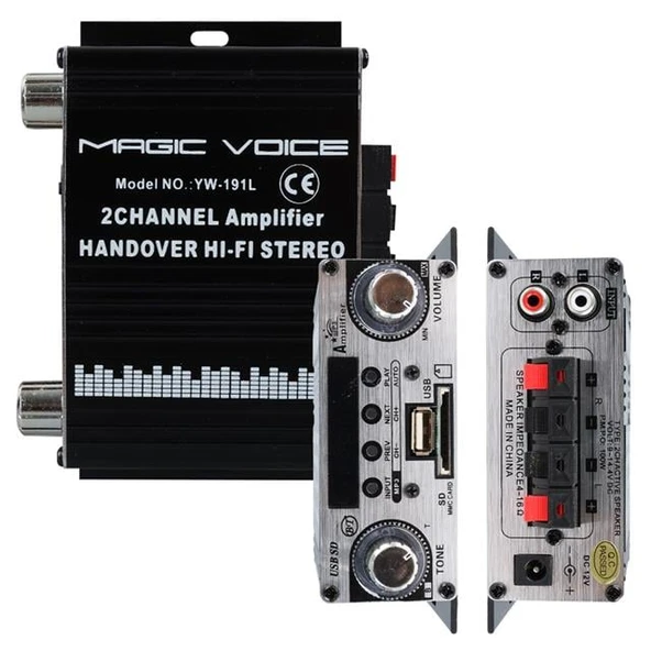 MagicVoice YW-191L 12 Volt 100 Watt Motosiklet Bluetooth Amfi USB/SD 2 Kanal Pazarcı - Anfi (125X95X40mm) - 8