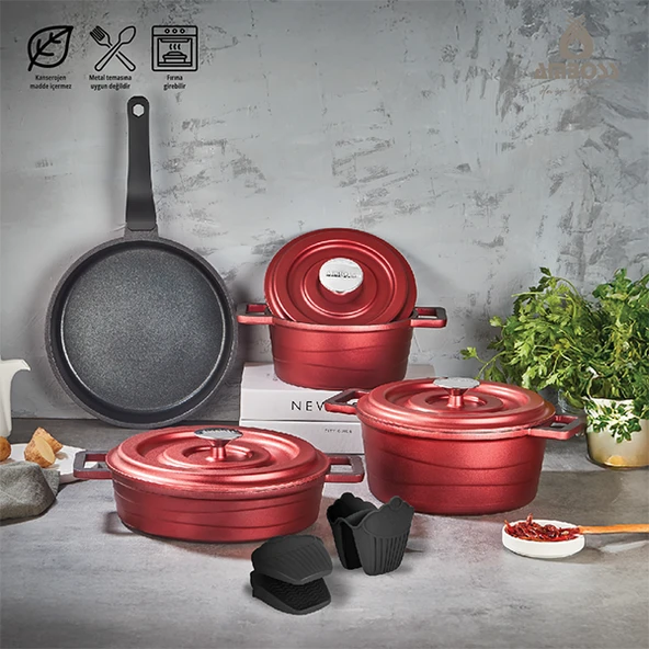 Amboss 7 Parça Copper Döküm Tencere Seti (Kırmızı)