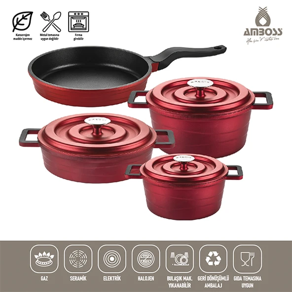 Amboss 7 Parça Copper Döküm Tencere Seti (Kırmızı) - 2