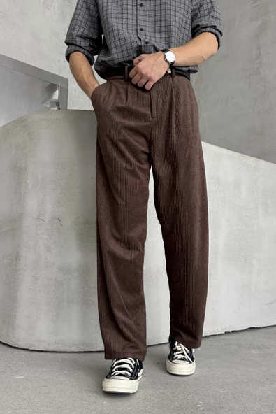 Erkek Pileli Baggy Kalıp Kadife Pantolon - 11