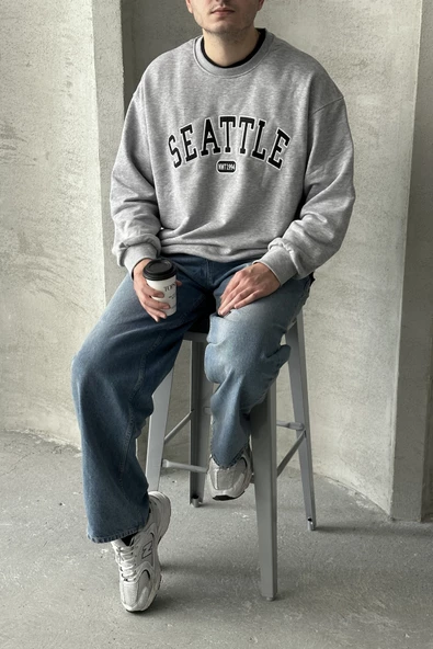 Erkek Seattle Baskılı Oversize Sweatshirt - 4