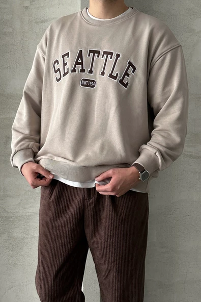 Erkek Seattle Baskılı Oversize Sweatshirt - 12