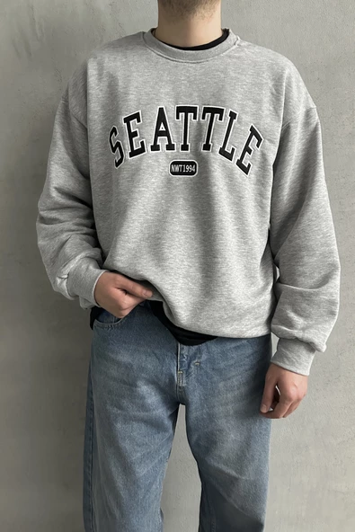 Erkek Seattle Baskılı Oversize Sweatshirt - 3