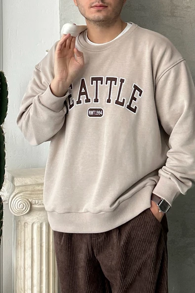 Erkek Seattle Baskılı Oversize Sweatshirt - 11