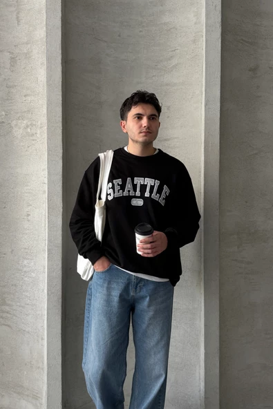 Erkek Seattle Baskılı Oversize Sweatshirt - 6