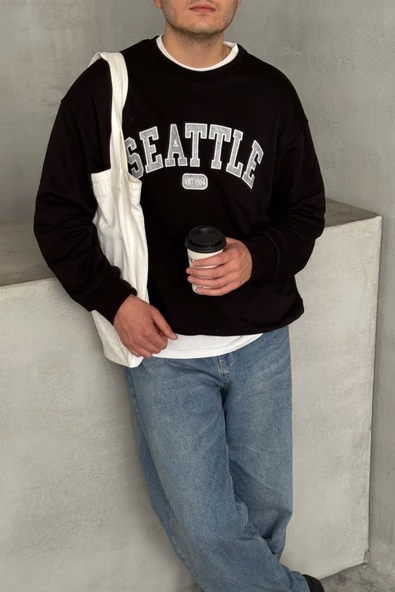 Erkek Seattle Baskılı Oversize Sweatshirt - 5