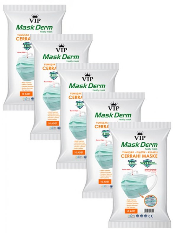 MaskDerm Vip 5 Katlı  Çift Filtreli Elastik Kullaklı Cerrahi Maske Hijyen Paketi - 50 Adet - Yeşil