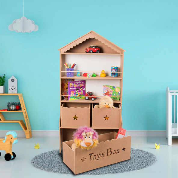 Kitaplık Raf Çocuk Bebek Odası Oyun Evi Oyuncak Kutusu Dolabı Sepeti Ahşap Montessori