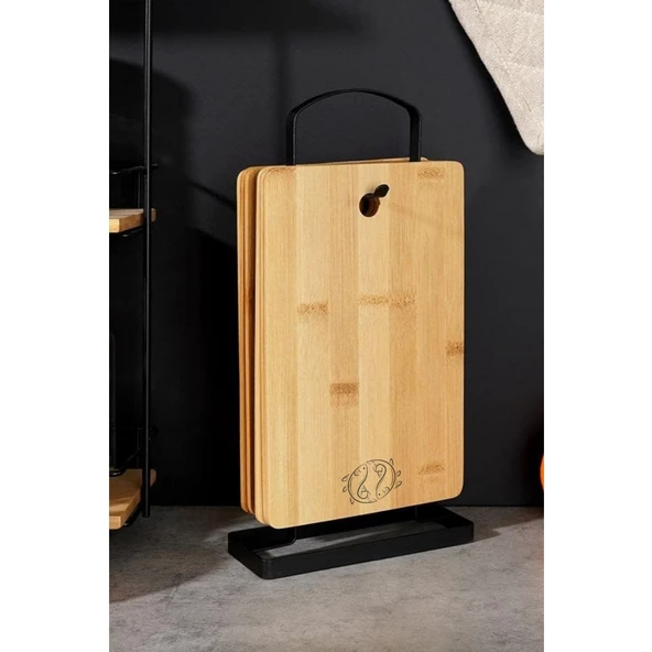 Piev Wenken Metal Standlı 4 Parça Bambu Et Balık Peynir Ekmek Kesme Tahtası - 5
