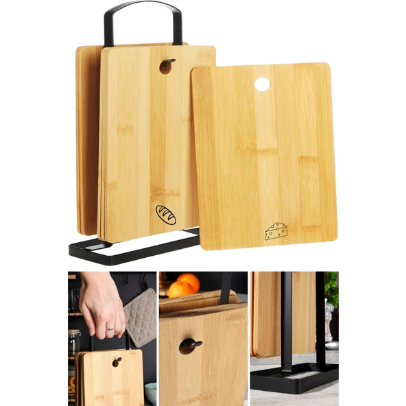 Piev Wenken Metal Standlı 4 Parça Bambu Et Balık Peynir Ekmek Kesme Tahtası - 7