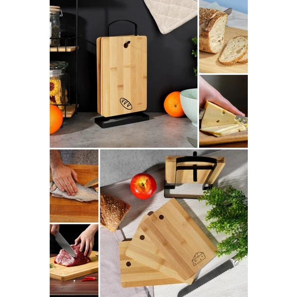 Piev Wenken Metal Standlı 4 Parça Bambu Et Balık Peynir Ekmek Kesme Tahtası - 4