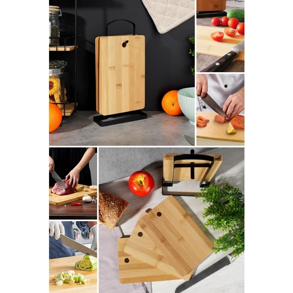 Piev Wenken Metal Standlı 4 Parça Bambu Et Balık Peynir Ekmek Kesme Tahtası - 9