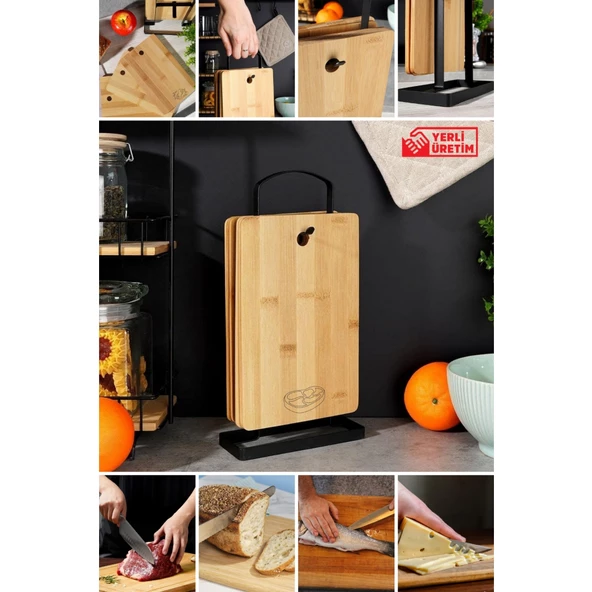 Piev Wenken Metal Standlı 4 Parça Bambu Et Balık Peynir Ekmek Kesme Tahtası