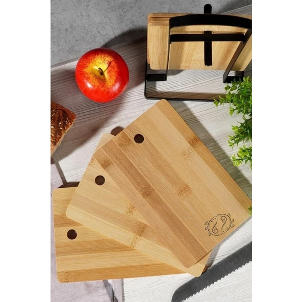 Piev Wenken Metal Standlı 4 Parça Bambu Et Balık Peynir Ekmek Kesme Tahtası - 3