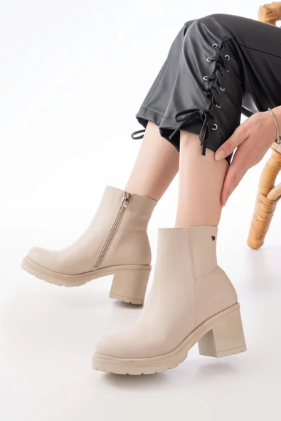 Bej Fermuarlı Kalın Topuklu Günlük Kadın Bot - Resim 2