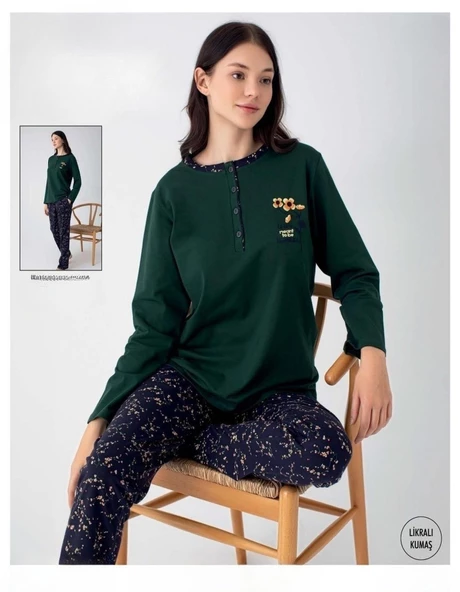 Senfoni Kadın Düğmeli Yaka Uzun Kol Pamuk Likralı Pijama Takımı 6055 -1 Adet  Haki S - M